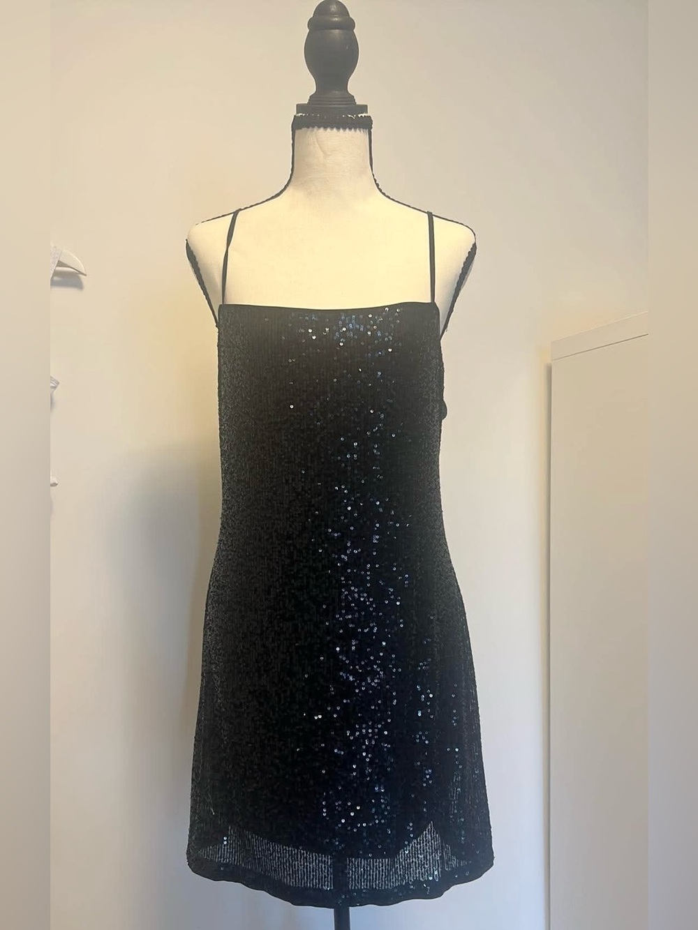 H&M Divided‎ Black Sequin Mini Dress Spaghetti Strap Cocktail Party Size L